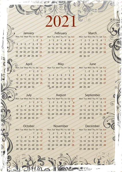 Vector 2021 Календар Квітковим Візерунком Європейський Стиль Починаючи Понеділка — стоковий вектор