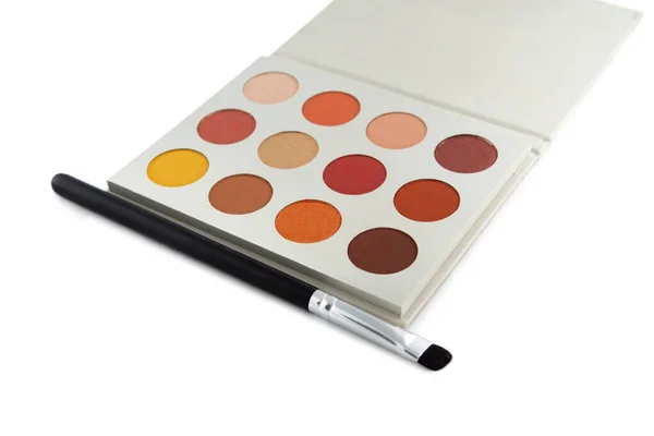 Palette Fards Paupières Couleur Rouge Pinceau Maquillage Isolé Sur Fond — Photo