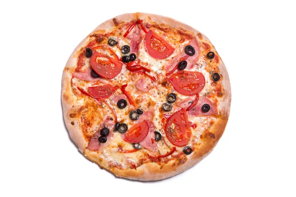 Tasty Italian pizza with ham, tomatoes, and olives — Stock Photo, Image