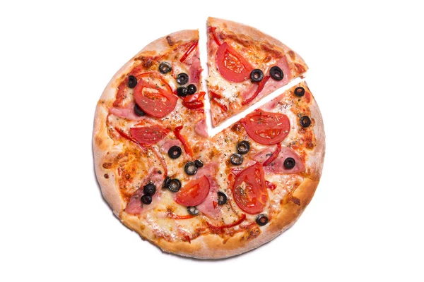 Tasty pizza with ham, tomatoes and olives with a slice removed — Stock Photo, Image