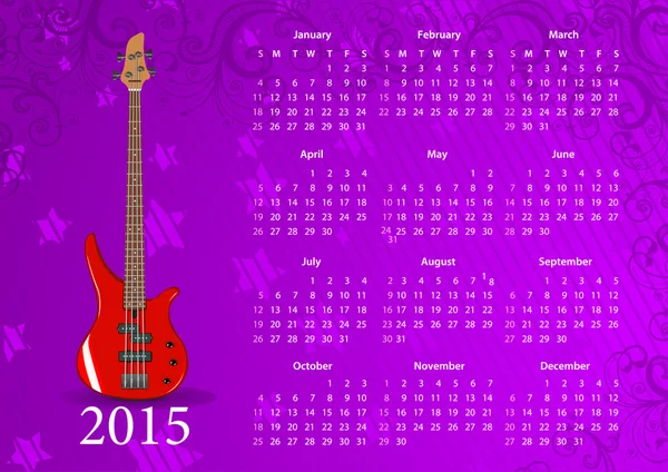 Calendario americano 2015 con basso chitarra — Vettoriale Stock