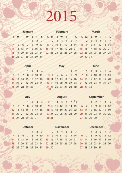 Amerikanska rosa kalender 2015 med hjärtan — Stock vektor