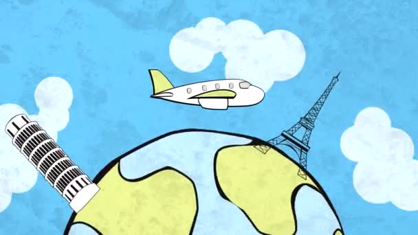 HD cartoon of airplane flying around the globe — Stock Video