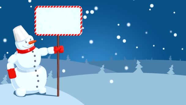 HD мультфильм о снеговике с падающими снежинками — стоковое видео