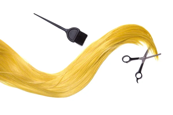 Blonde hair with scissors and hair dye — Stock Photo, Image