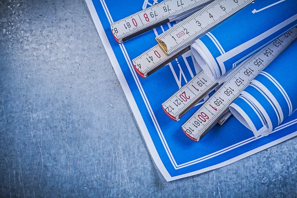 Blauwdrukken, houten meter — Stockfoto