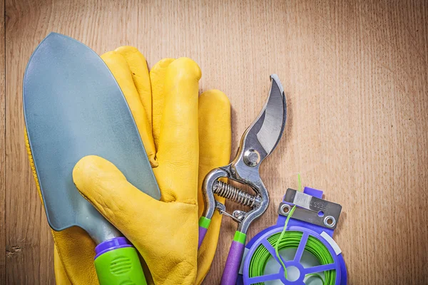 Leather gloves, hand shovel, pruner — Stock Photo, Image