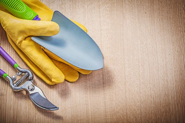Protective gloves, hand spade and secateurs — Stock Photo, Image