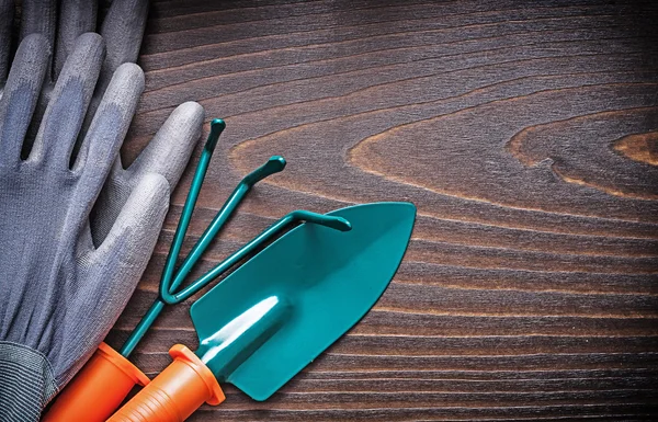 Rubber gloves, hand spade and rake — Stock Photo, Image