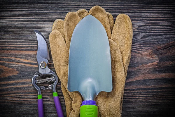 Ручная лопата секаторы безопасности перчатки на деревянной доске сельского хозяйства с — стоковое фото