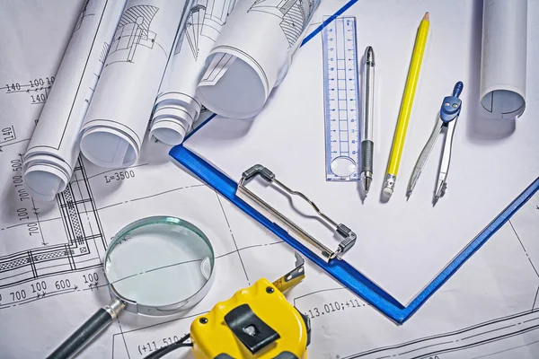 Architect tools blueprints cipboard — Stock Photo, Image