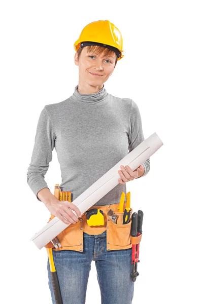 Female worker holding big blueprint — Stock Photo, Image