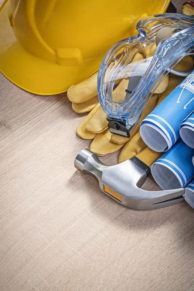 Set of protective workwear construction tools on wooden board — Stock Photo, Image