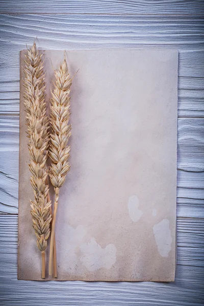 Vintage paper ripe wheat rye ears on wooden board — Stock Photo, Image