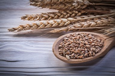 Buğday çavdar kulakları Mısır tahta kaşık ahşap tahta üzerinde