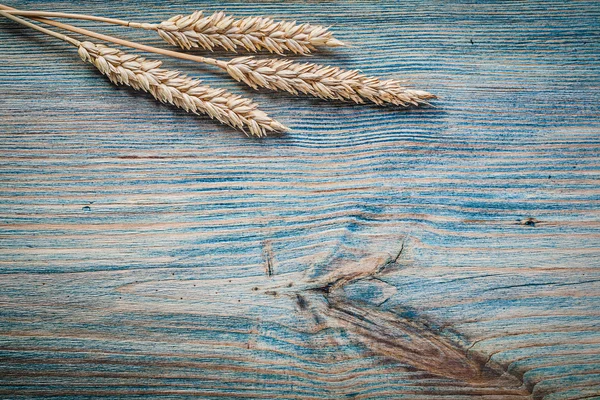 Wheat rye ears on wooden board directly above — Stock Photo, Image