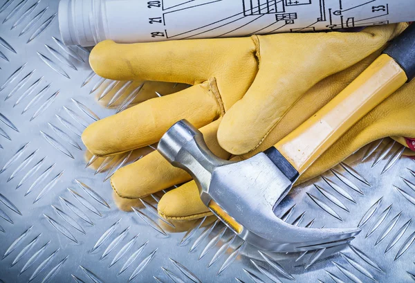 Set of claw hammer leather protective gloves construction drawin — Stock Photo, Image