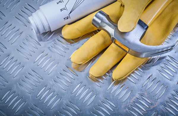 Klauenhammer Leder Schutzhandschuhe Konstruktionszeichnungen auf c — Stockfoto