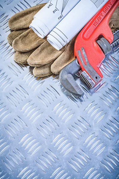 Set of pipe wrench engineering drawings leather protective glove — Stock Photo, Image