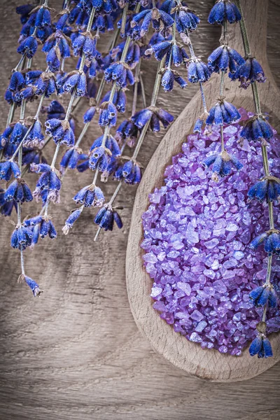 Trocken duftende violette Lavendel Meersalz Kochlöffel auf Holzplatte — Stockfoto