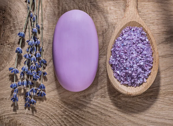 Wooden spoon with crystal sea salt bunch of lavender bar of soap — Φωτογραφία Αρχείου