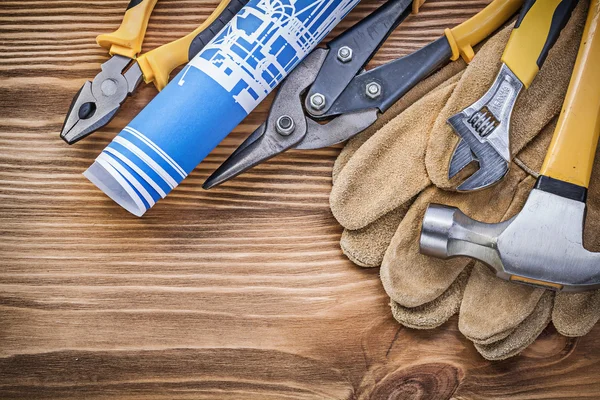 Blueprint safety gloves ,claw and hammer — Stock Photo, Image