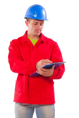 Beyaz backgr izole Pano yazılı bir genç müteahhit