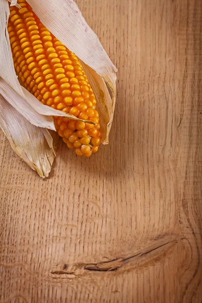 Ear of ripe corn on wooden board very close up — Stock Photo, Image