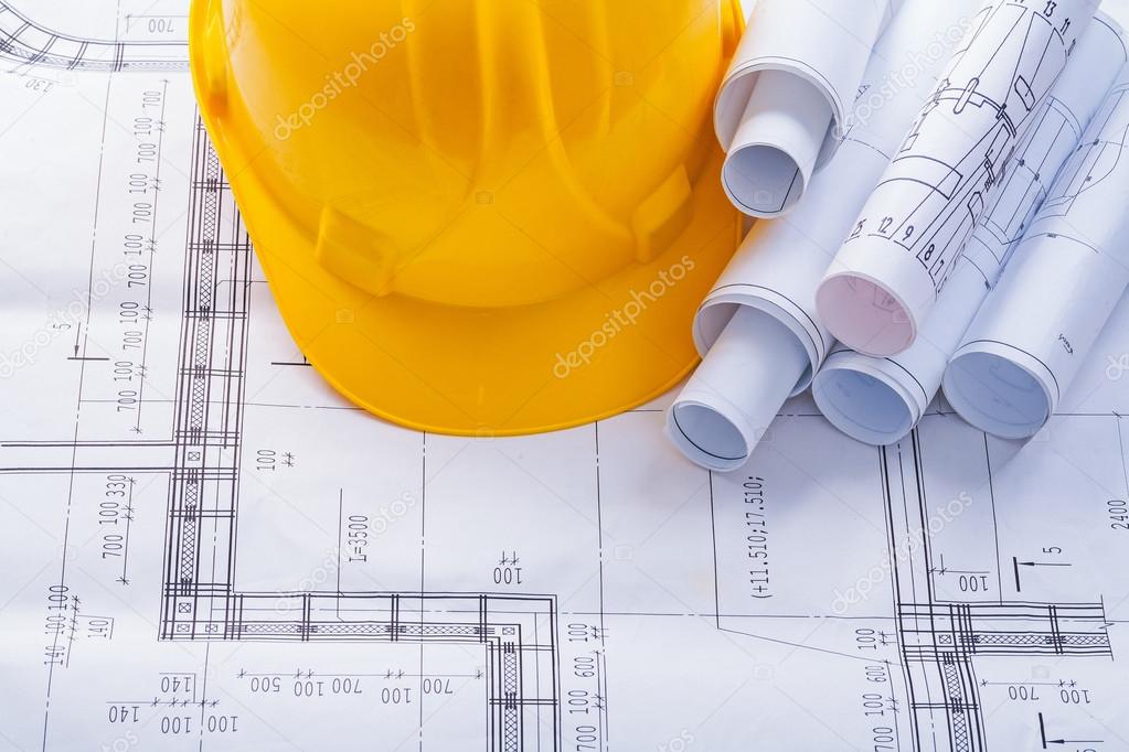 Construction helmet and blueprints
