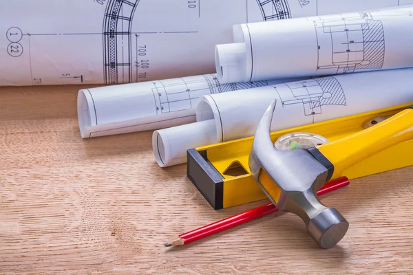 Blueprints, level, hammer — Stock Photo, Image