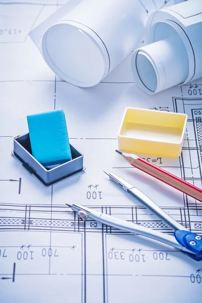 Set of architect on blueprints — Stock Photo, Image