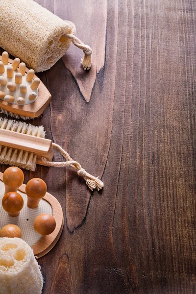 Classical bathroom set on wooden board — Stock Photo, Image