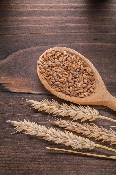 Sorns in wooden spoon and ears of wheat — Stock Photo, Image