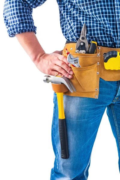 Snickare hålla hand på toolbelt — Stockfoto