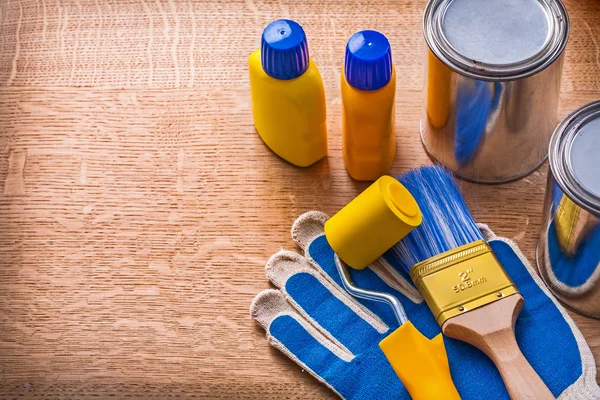 Wooden board with  paint tools — Stock Photo, Image