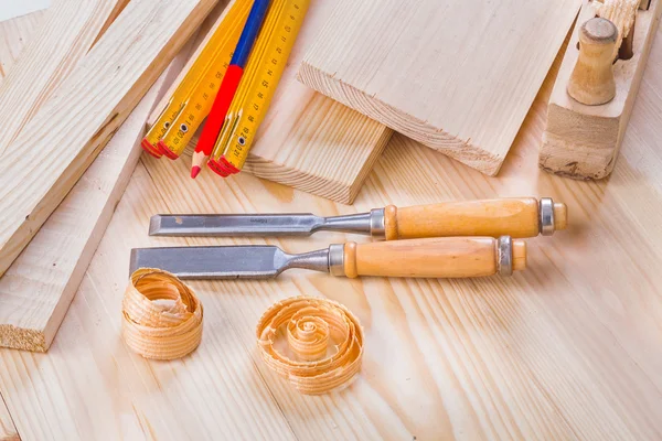 Trabajador de madera, conjunto de herramientas de carpintería —  Fotos de Stock