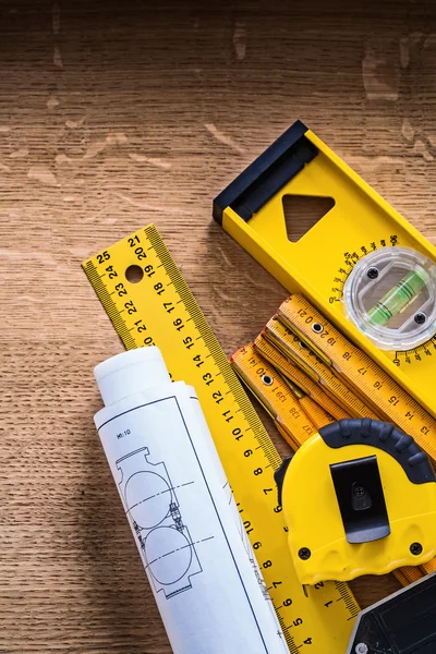 Blauwdrukken en verzameling van instrumenten van de meting — Stockfoto