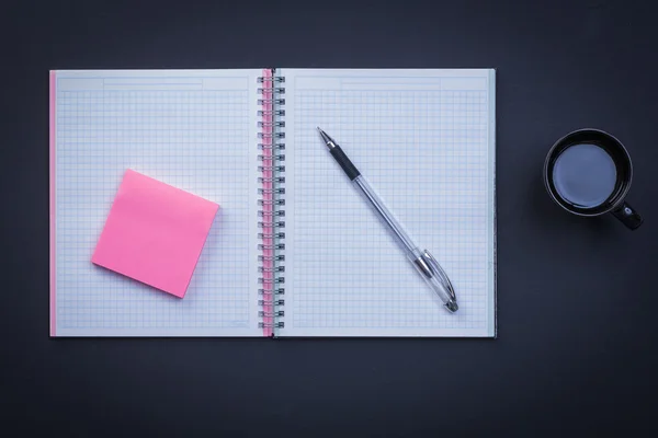 Open notepad with pen, sticky note — Stock Photo, Image