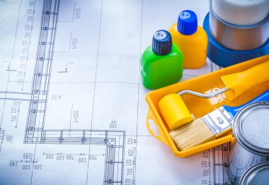 blueprint with paint brush, tray
