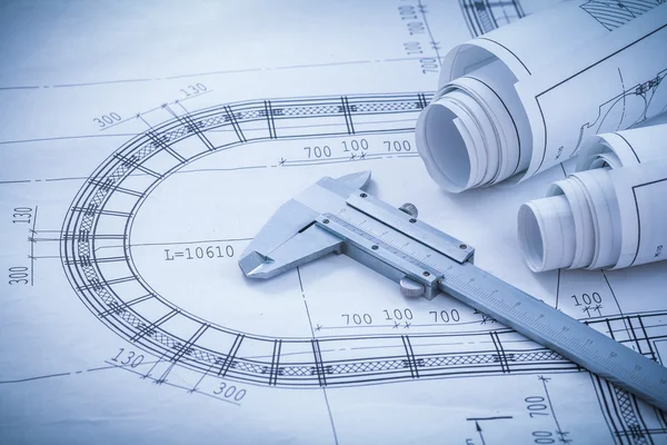 Construction plans, vernier caliper on blueprint — Stock Photo, Image