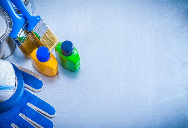 Paint cans, bottles, brushes, household tapes — Stock Photo, Image