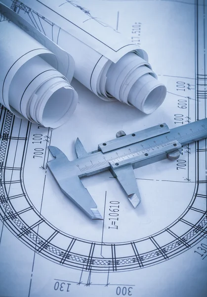 Construction drawings, metal caliper on blueprint — Stock Photo, Image