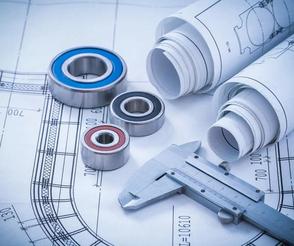 Construction drawings, slide caliper on blueprint — Stock Photo, Image