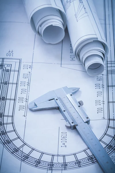 Construction plans, metal vernier caliper — Stock fotografie