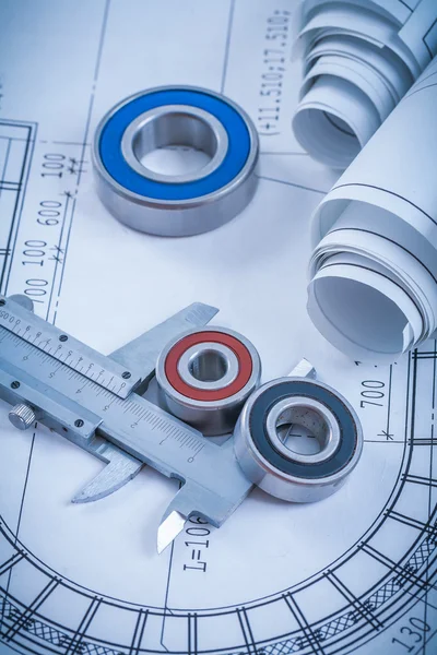 Rolls of construction drawings, rolling bearings — Stock Photo, Image