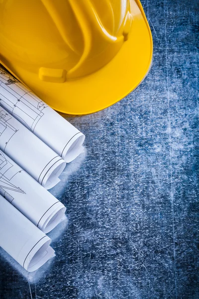 Construction drawings and safety hard hat — Stock Photo, Image