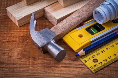 Ruler, pencil, blueprints, claw hammer