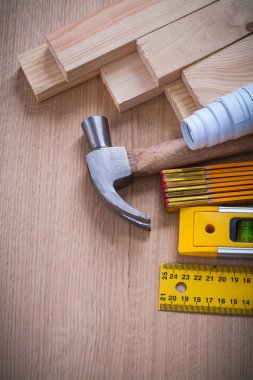 blueprints, hammer, construction level