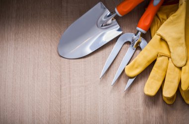 safety gloves, trowel fork and spade