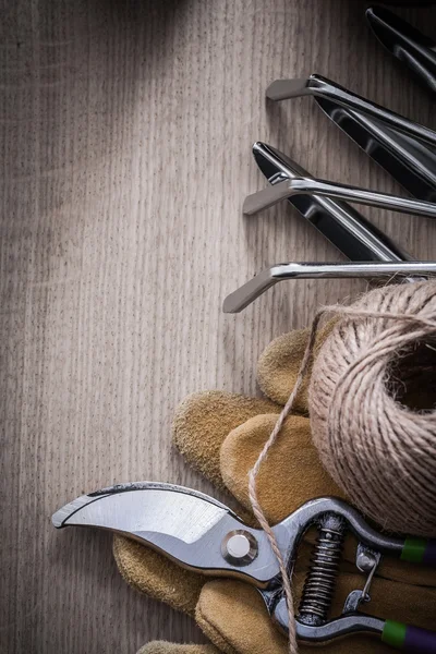 Gardening rake, trowel fork, gloves — Stock Photo, Image